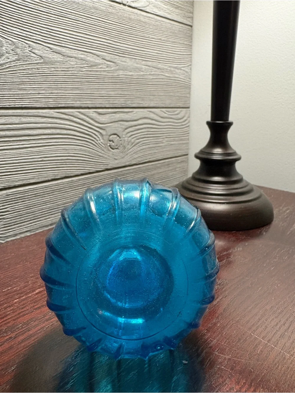 Vintage Blue Glass Decanter 100% recycled glass with a textured diamond pattern.